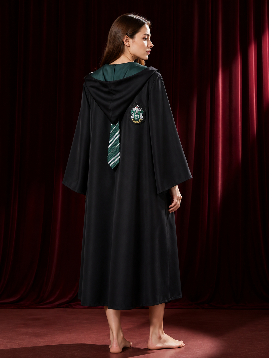Slytherin Wizard Robe Costume Set with Tie, Hooded Halloween Outfit back view