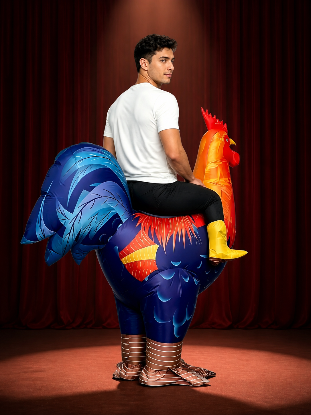 Large Inflatable Rooster Pool Float with Ride-On Seat for Adults and Kids back view