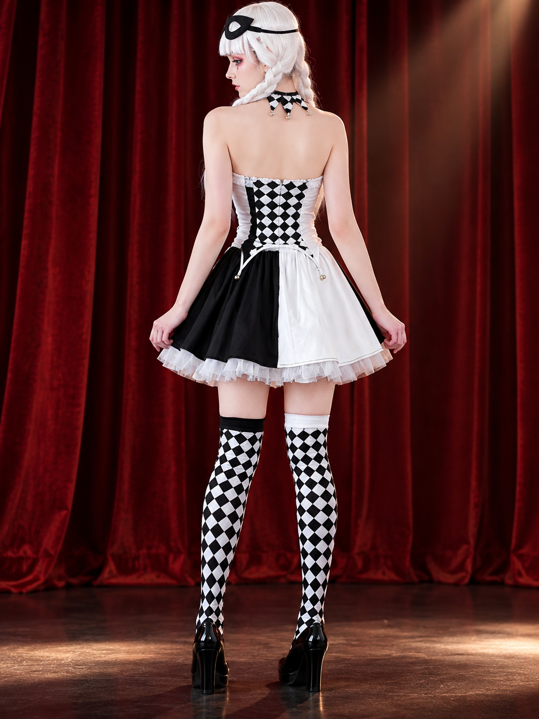 Black and White Checkered Clown Cosplay Carnival Costume