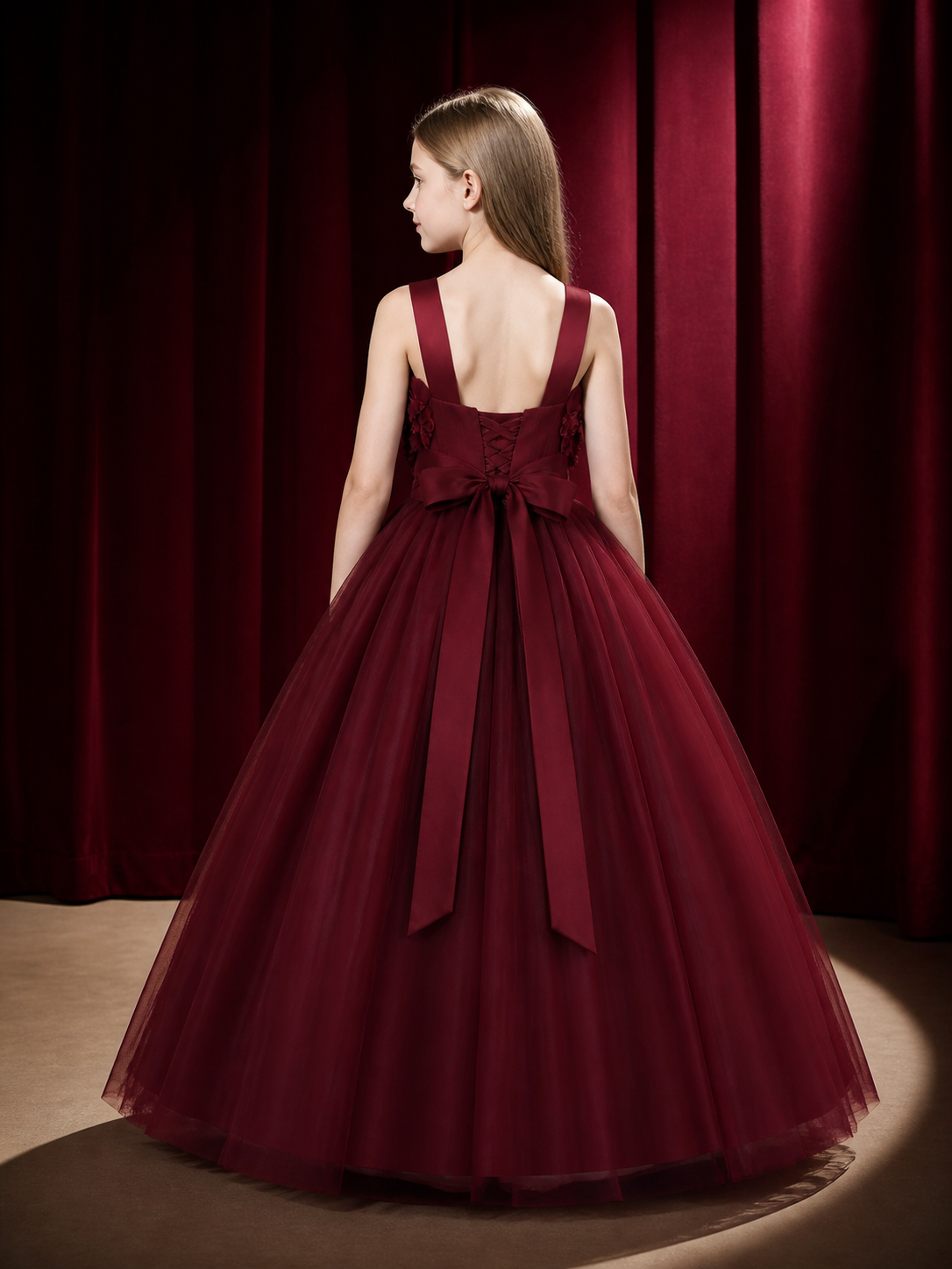 Girls' Burgundy Princess Dress, Floor-Length Tulle Formal Gown with Layered back view