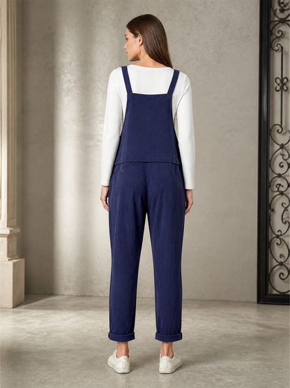 Back view of navy blue bib overalls over a white shirt, showing the back bib, rear pockets, loose legs, and cuffed hems