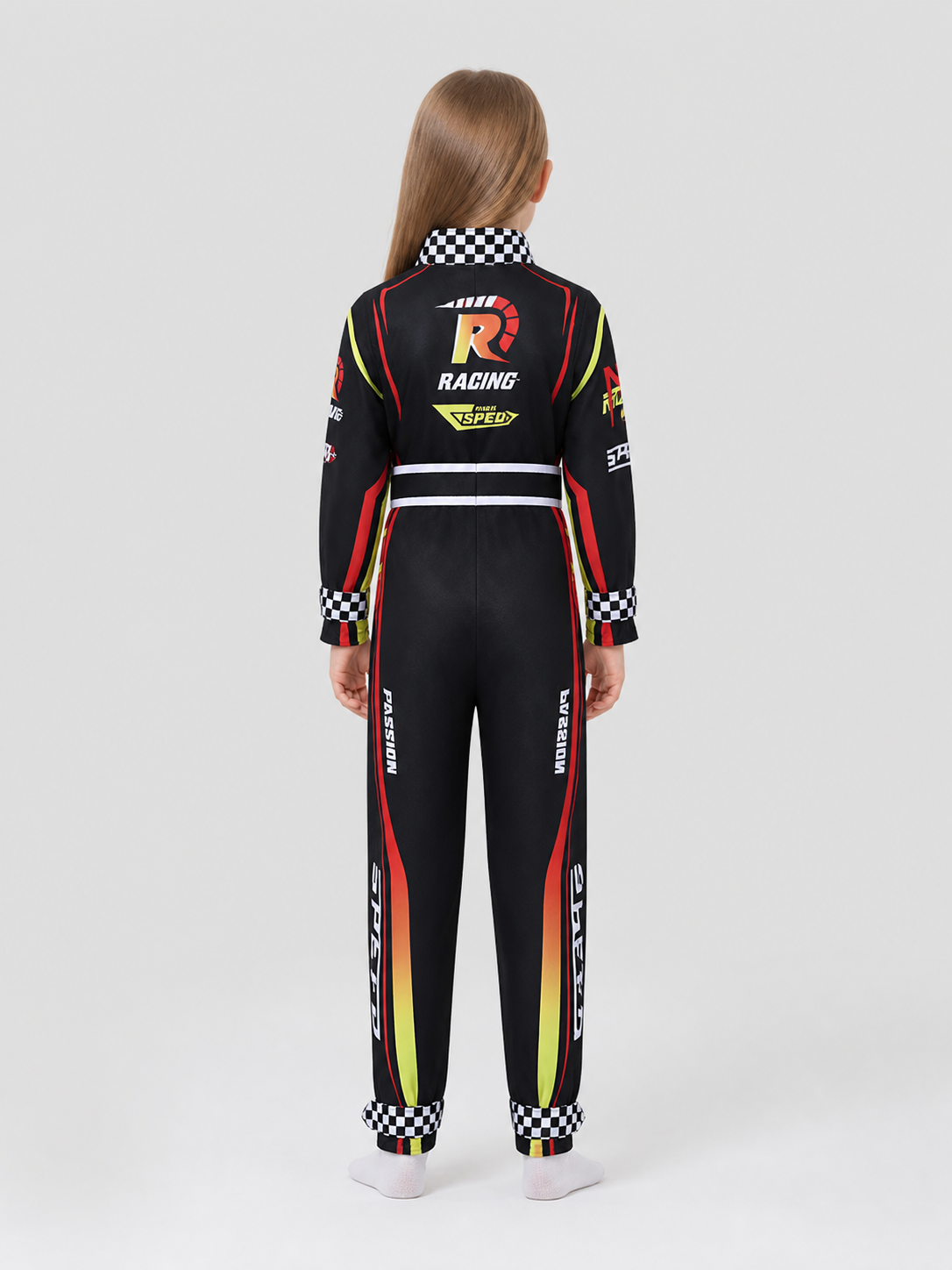 Children’s Summer Racing Jumpsuit with Stripes and Checkerboard Pattern