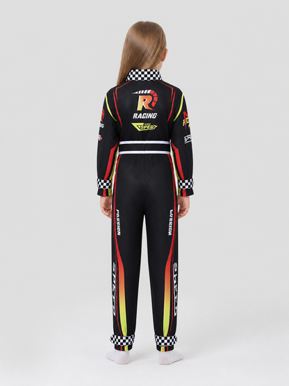 Children’s Summer Racing Jumpsuit with Stripes and Checkerboard Pattern