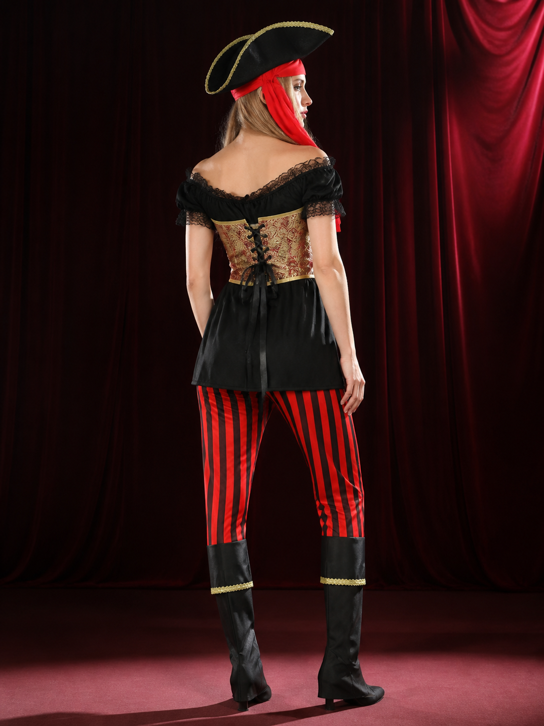 Women's Pirate Costume Set - Off-Shoulder Top, Striped Pants with Boots & back view