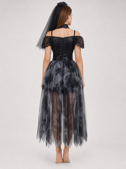 Gothic Cosplay Dress with Veil and Floral Details back view