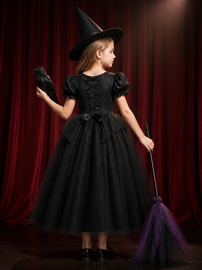 Kids' Purple and Black Witch Costume Dress Set with Hat, Broom and Crow back view