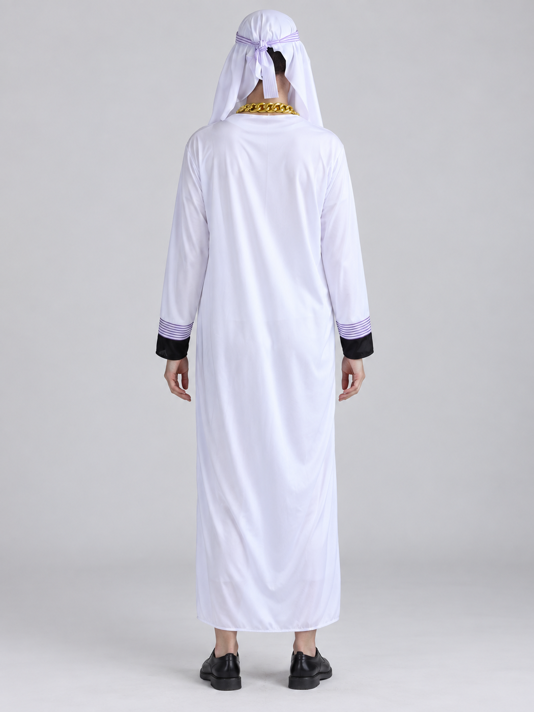 White carnival costume with purple stripes and chain