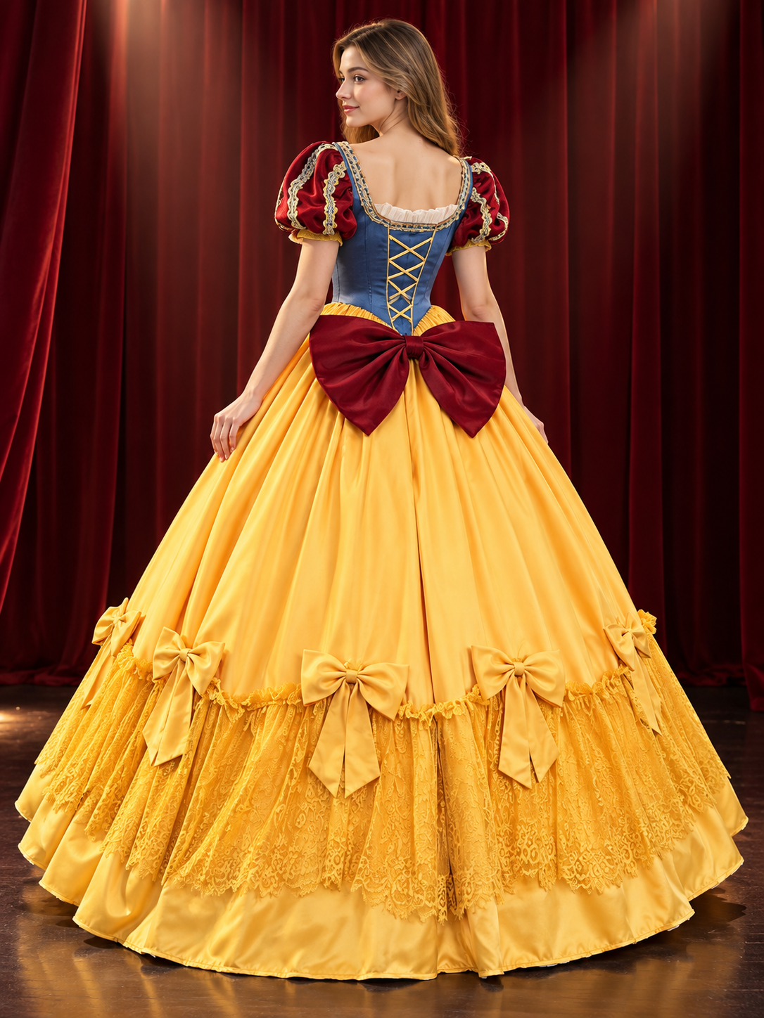 Princess costume with a puffy dress, bow, and crinoline