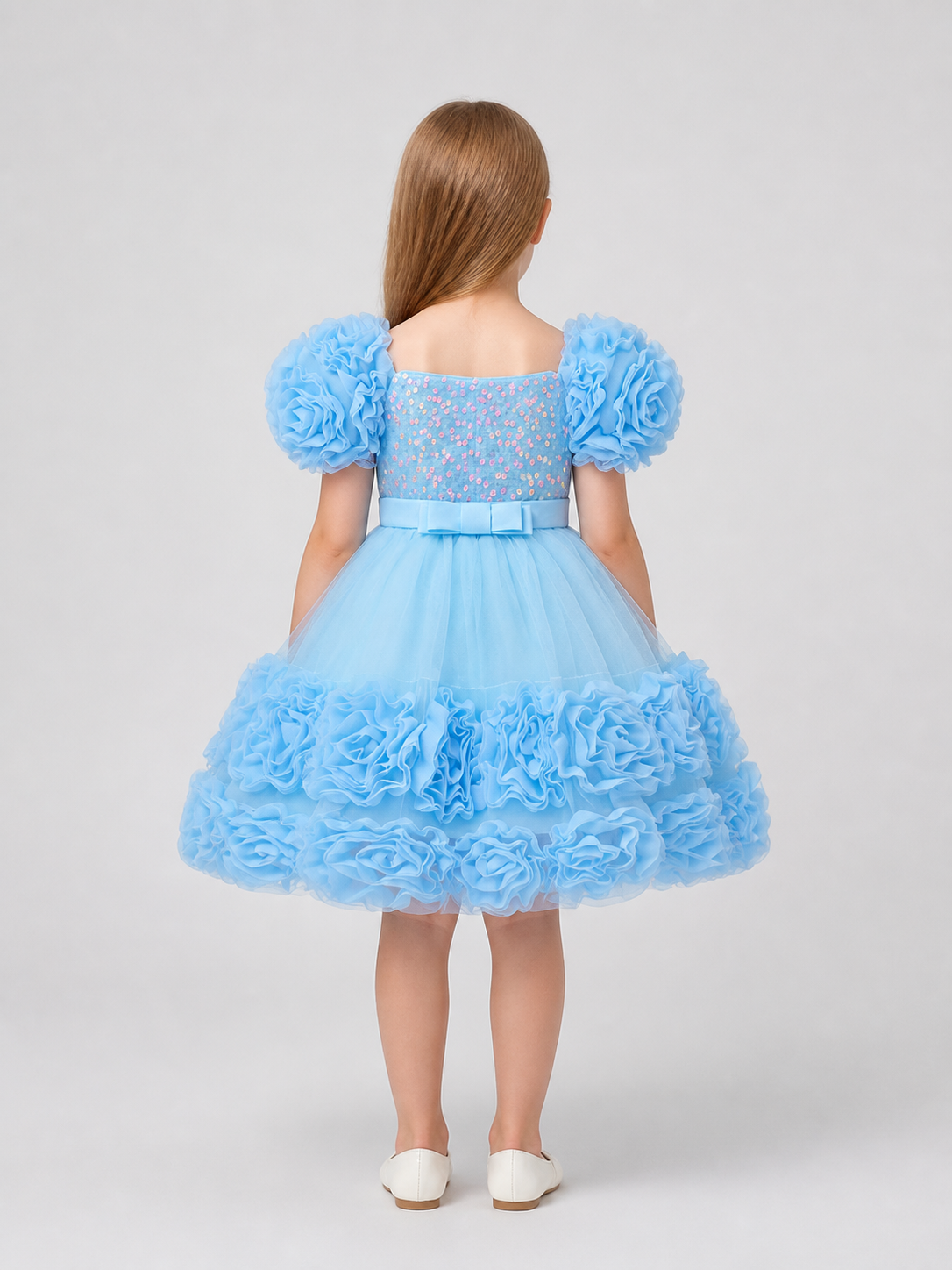 Voluminous Princess Dress with Sequins, Sleeves, and Bow back view