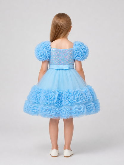 Voluminous Princess Dress with Sequins, Sleeves, and Bow back view