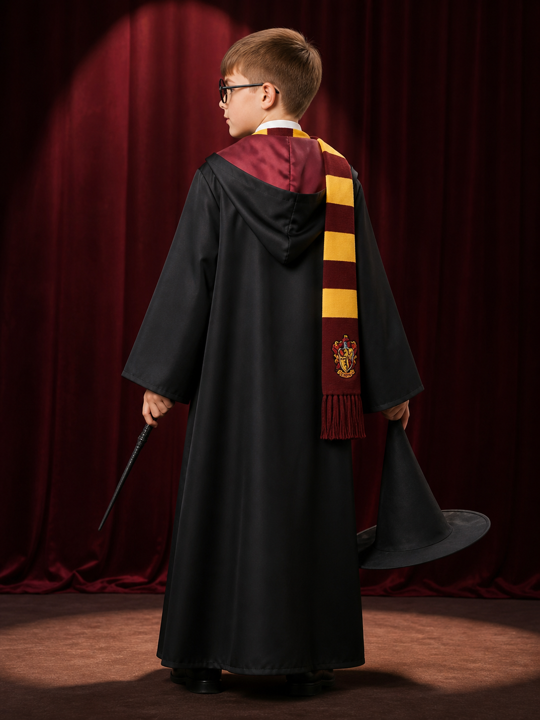 Kids Long Hooded Wizard Robe Costume Set with Red & Yellow Striped Scarf & Tie back view