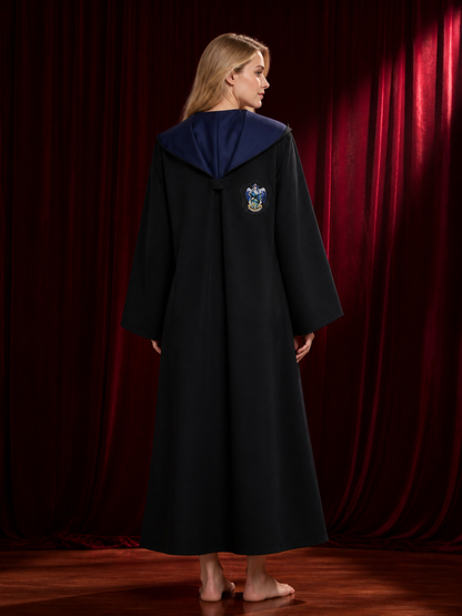 Wizard Robe Costume Set, Long-Sleeve Black Cloak With Blue-White Striped Tie back view