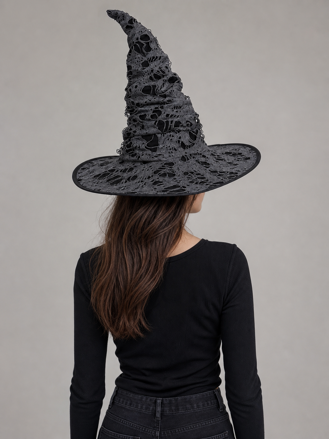 Gray Black Halloween Witch Hat For Women Wide Brim Curved Pointed Tattered Torn