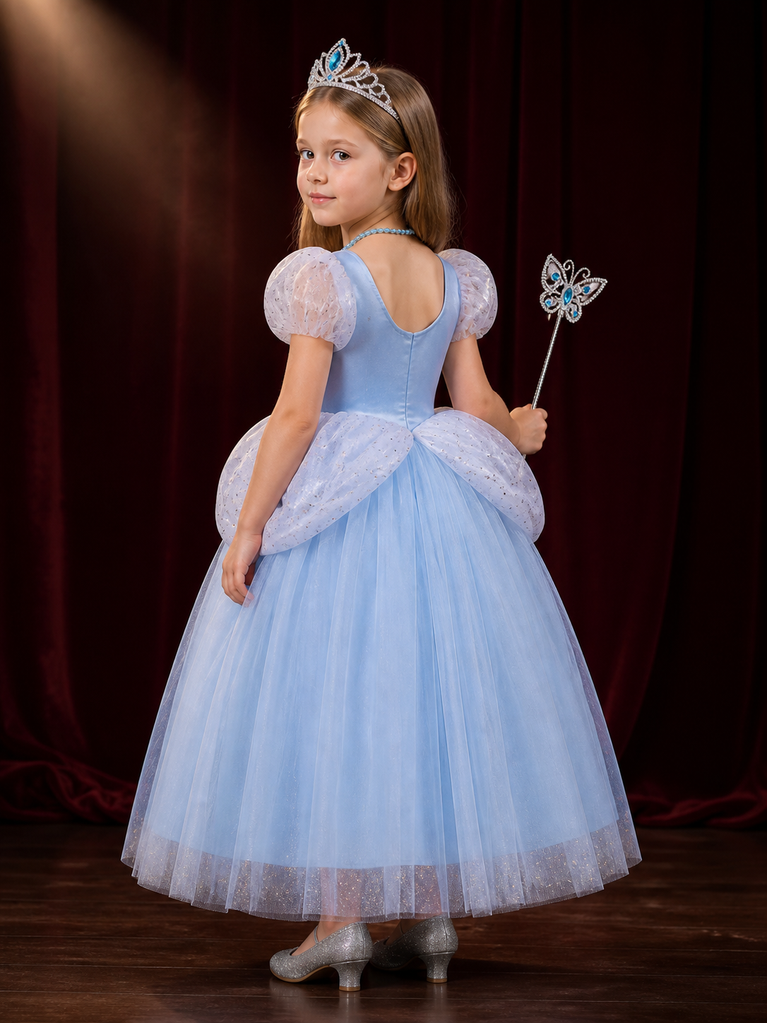 Girls Cinderella Costume Dress, Blue Tulle Princess Ball Gown Set with Tiara back view