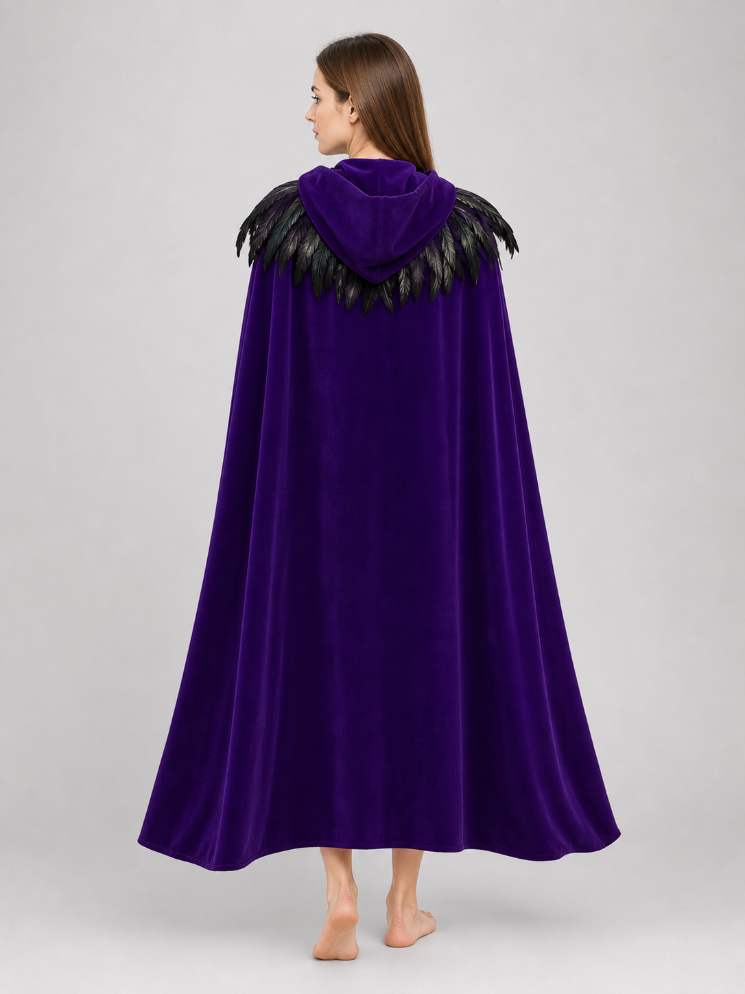 Purple Velvety Hooded Cape with Feathers