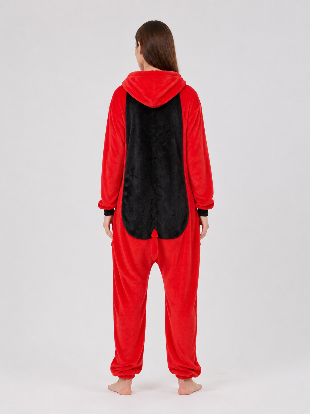 Hooded Red-and-Black Flannel Pajama Jumpsuit back view