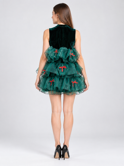 Dark Green Carnival Dress with Red Bows back view