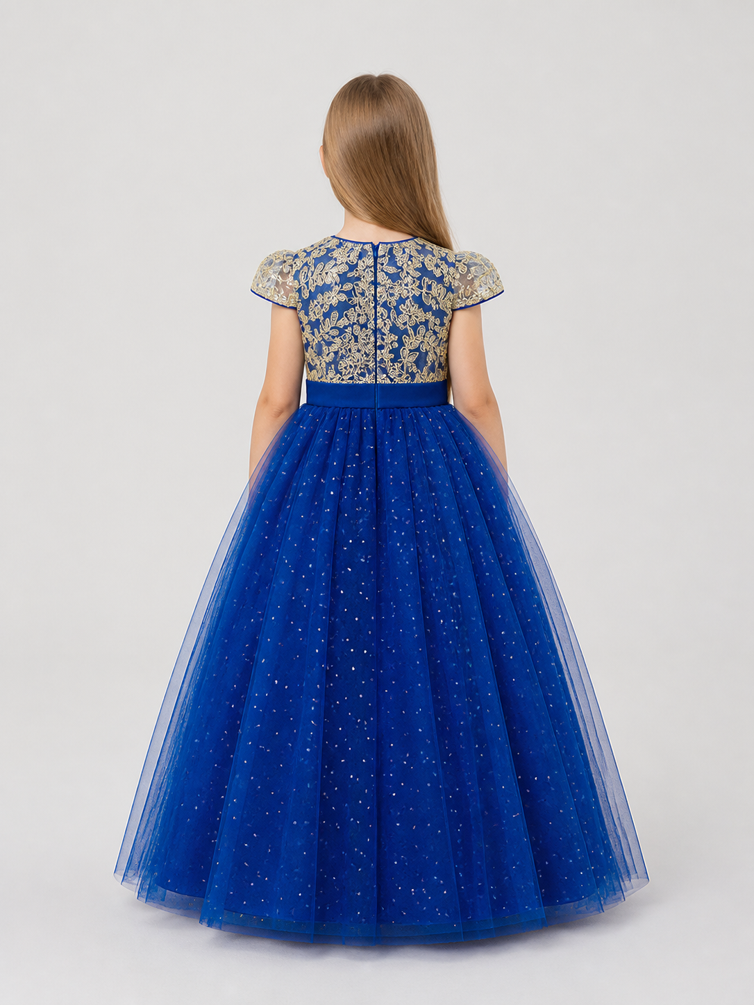 Festive Blue Princess Dress with Lace and Bow back view