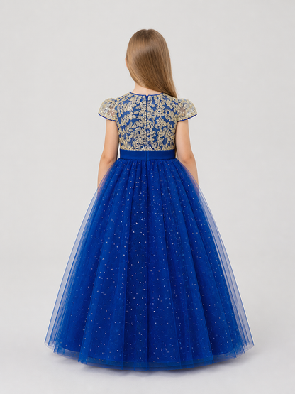 Festive Blue Princess Dress with Lace and Bow back view