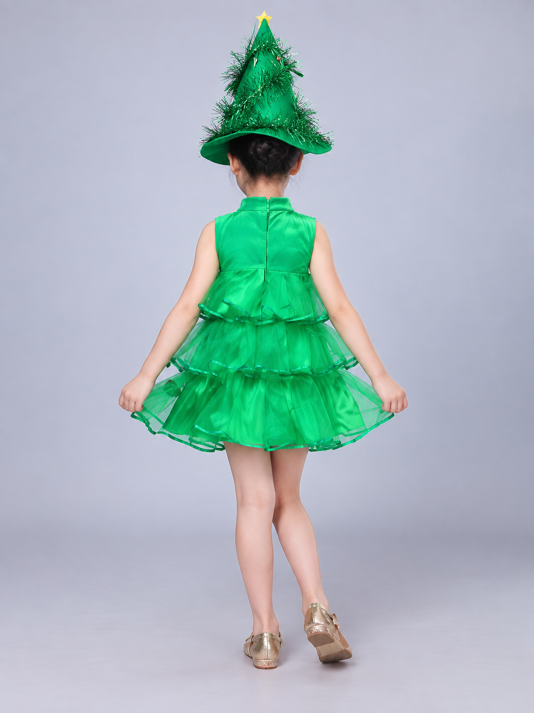 Green Children's Christmas Tree Dress for Performances back view