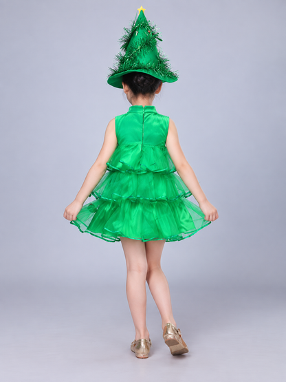 Green Children's Christmas Tree Dress for Performances back view