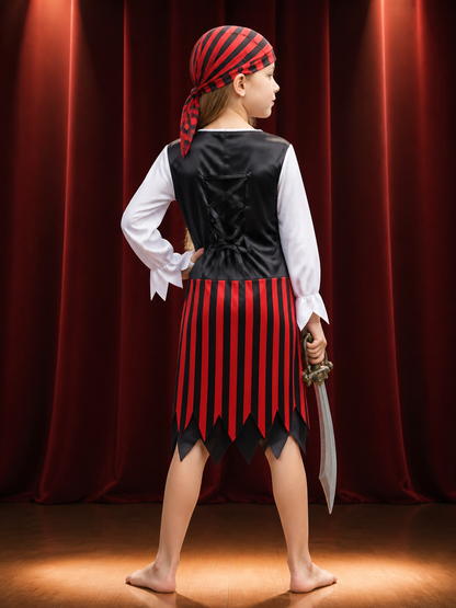 Kids' Red Black Pirate Costume Set with Striped Skirt and Hat, Halloween Outfit