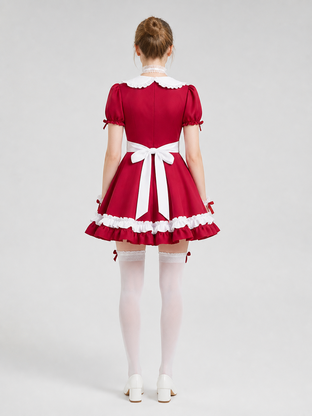 Lolita-Style Red and White Dress with Ruffles and Bows back view