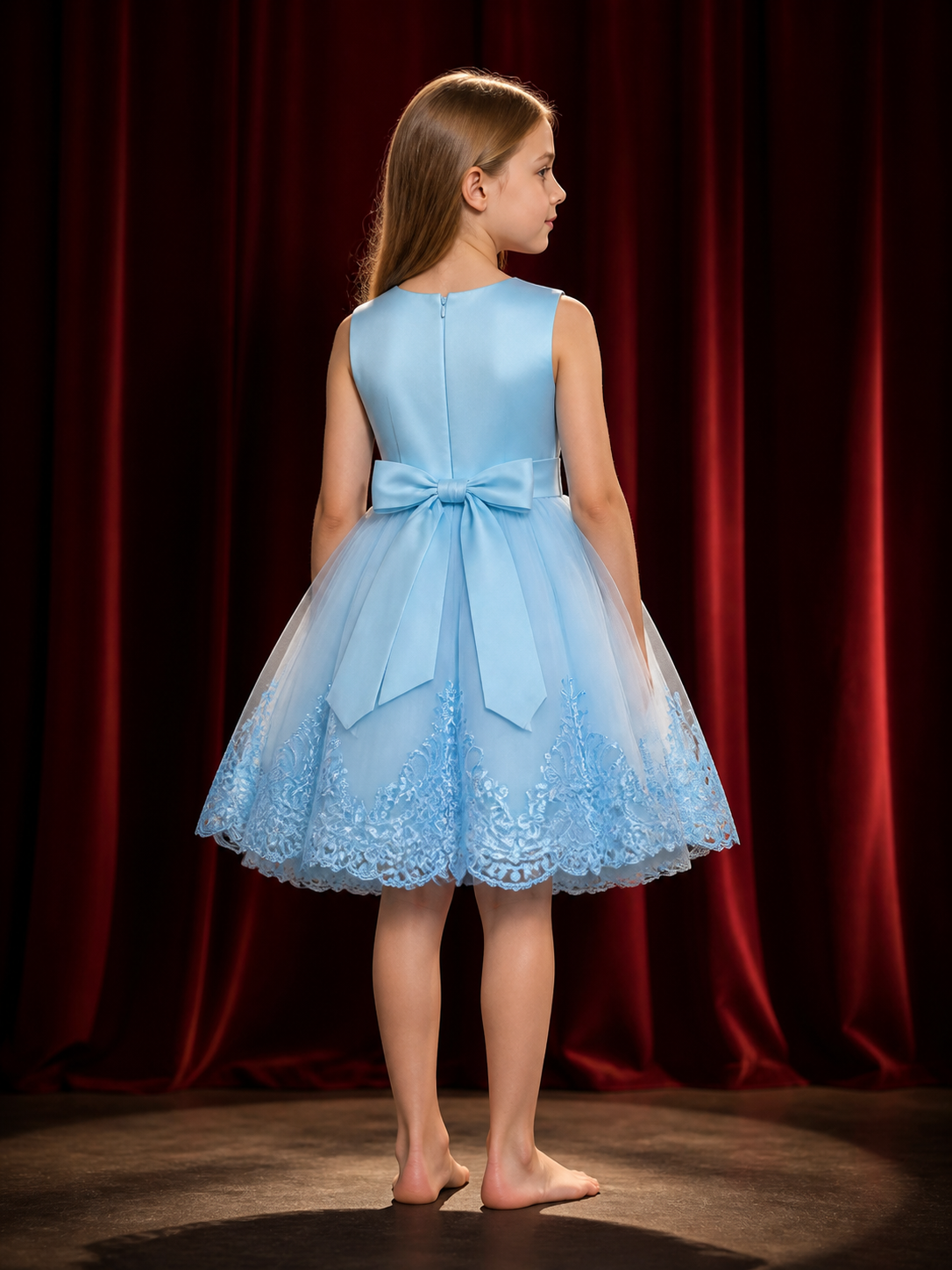 Girls' Princess Dress, Sleeveless Tulle Dress With Lace Trim, Sky Blue back view