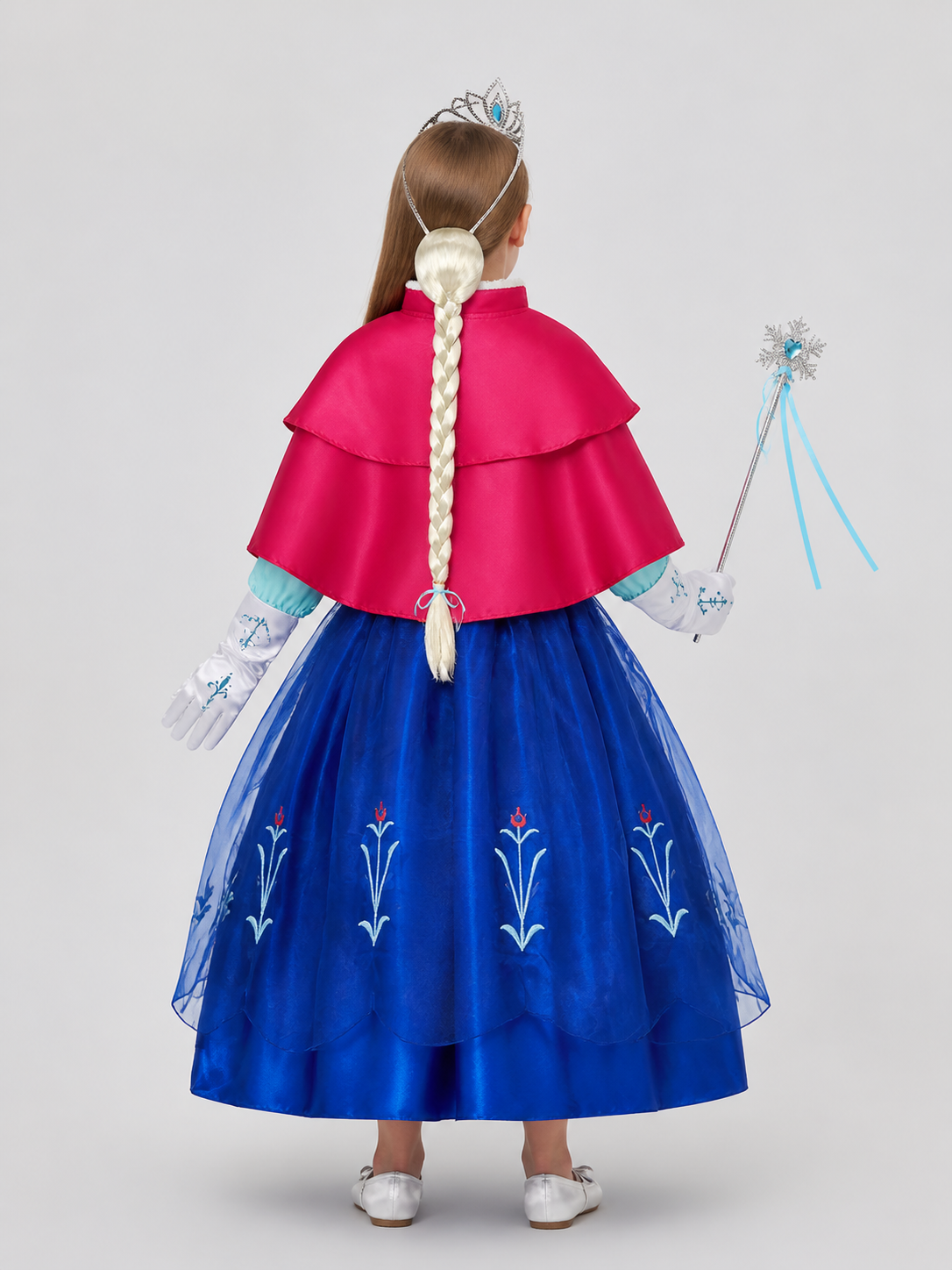 Snow Queen Costume, Dress with Cape, Crown, and Wig back view