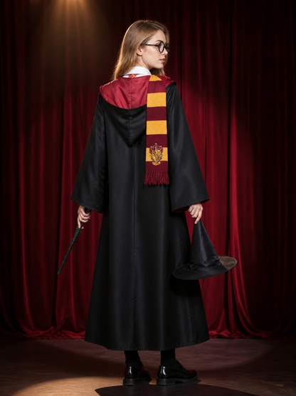 Wizard Robe Costume Set, Hooded Long Cloak With Scarf, Hat, Glasses, Wand, Tie & back view