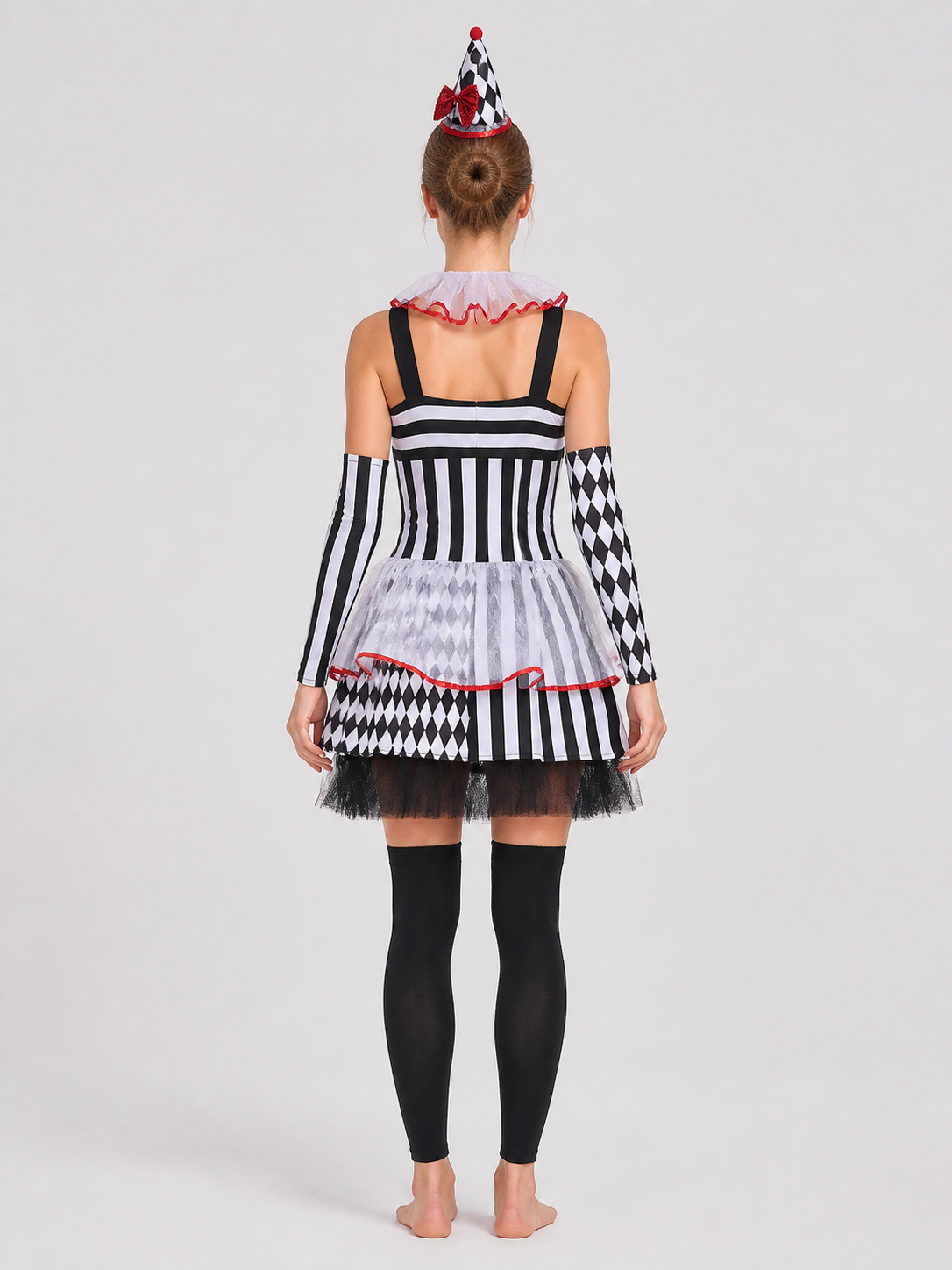 Circus-Style Clown Costume with Bows for Halloween back view