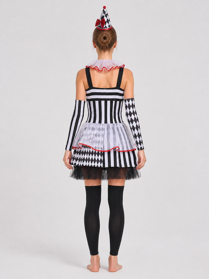 Circus-Style Clown Costume with Bows for Halloween back view