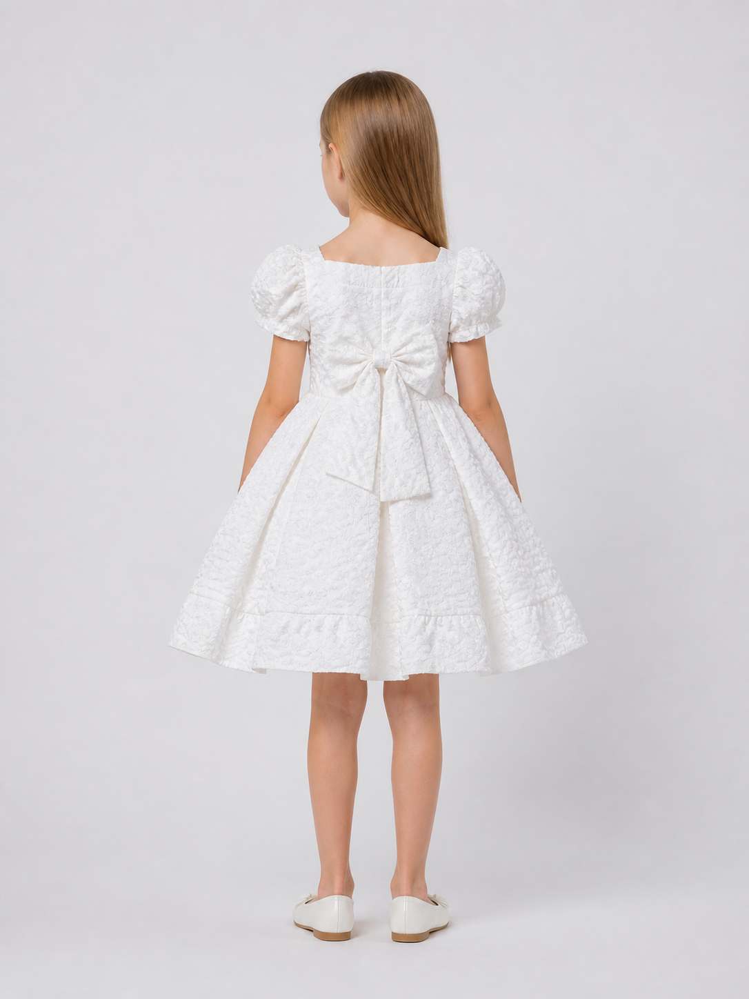 White Princess Dress with Puffy Sleeves and Bow back view