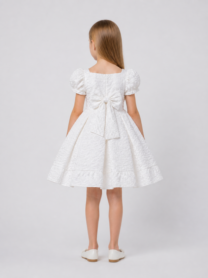 White Princess Dress with Puffy Sleeves and Bow back view