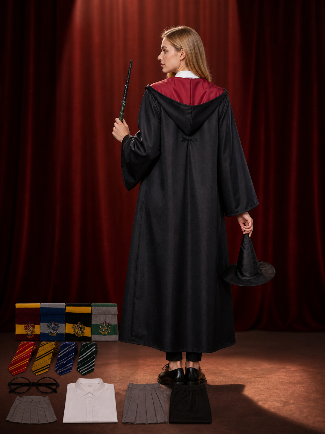 Wizard Robe Costume Set, 8-Piece School-Style Cosplay Outfit with Hat, Tie back view