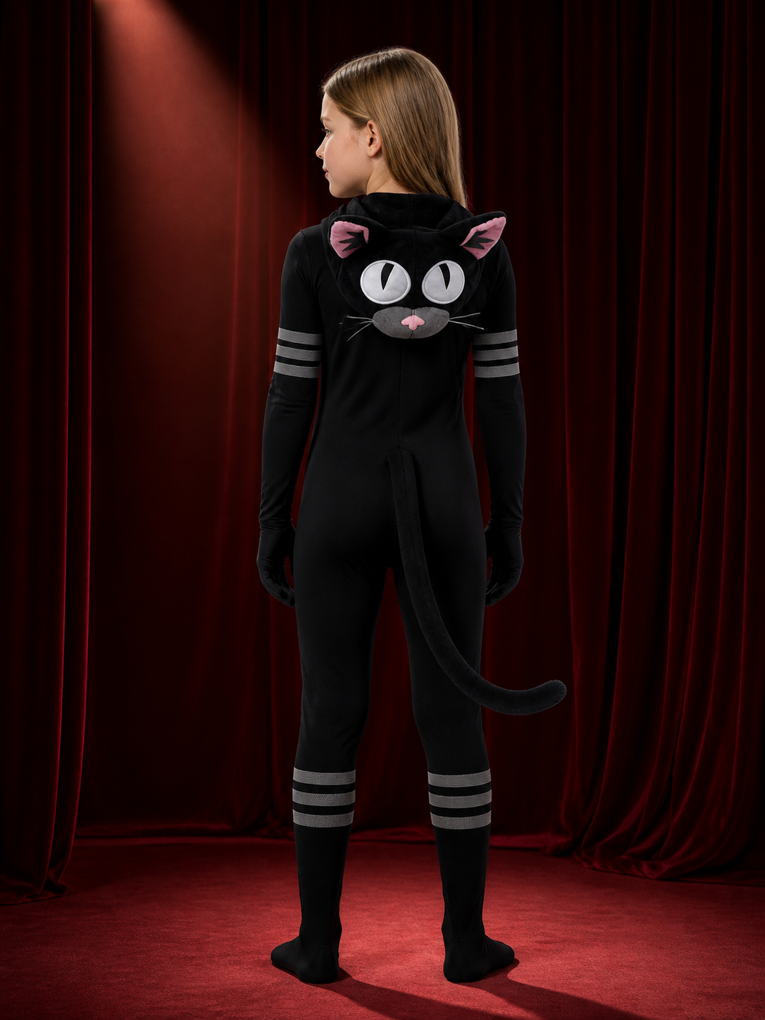 Black Cat Hooded Bodysuit Costume with Tail, Stripe Details back view