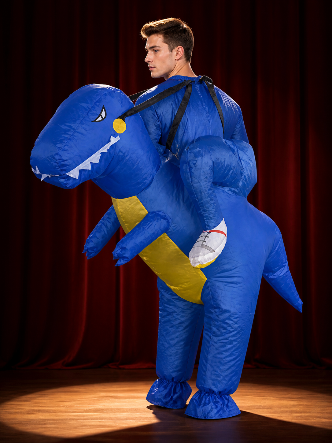 Inflatable Dinosaur Costume, Blue Dino Full Body Suit with Tail and White Teeth back view