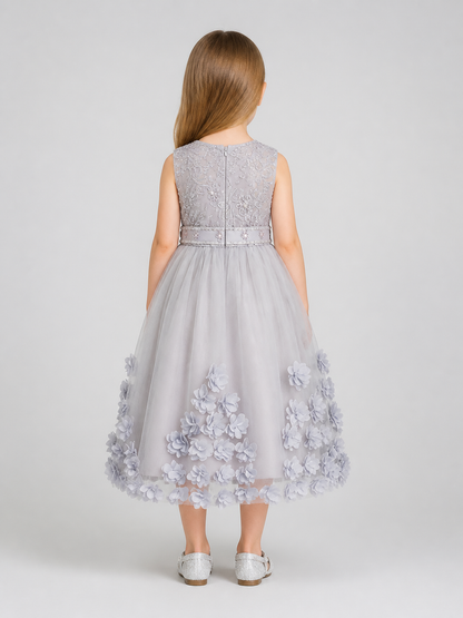 Girls’ Dressy Embroidered Dress with Flowers and Full Skirt back view