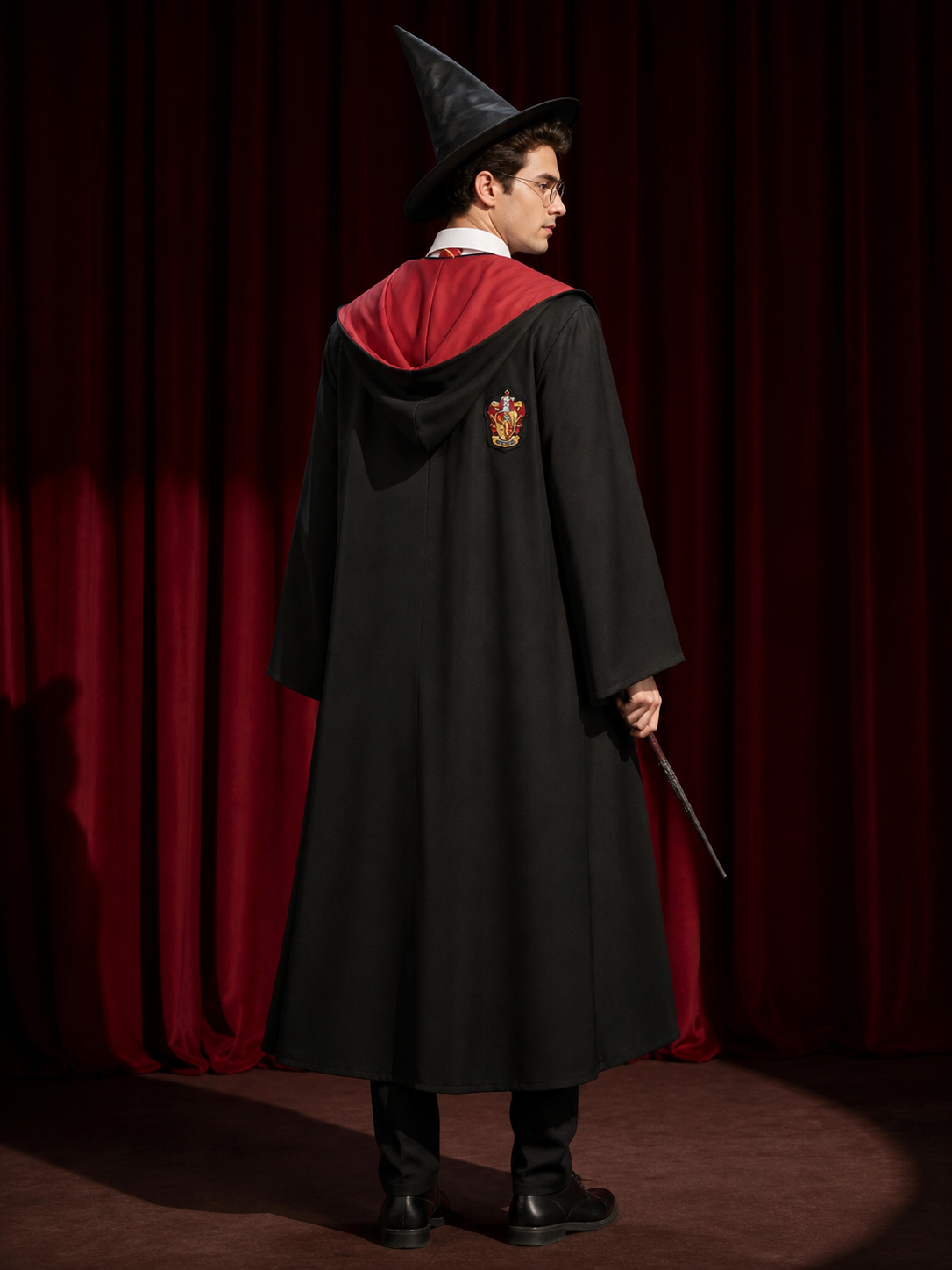 Wizard Costume Set, School-Style Hooded Robe With Hat, Scarf, Tie, Glasses, Wand back view