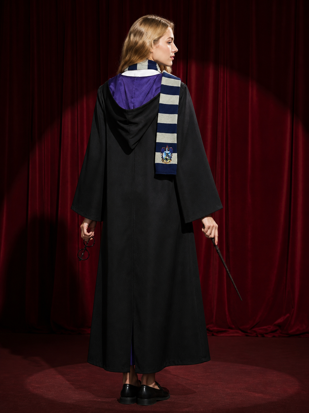 Long Black Hooded Wizard Robe Halloween Costume Set with White Shirt, Striped back view