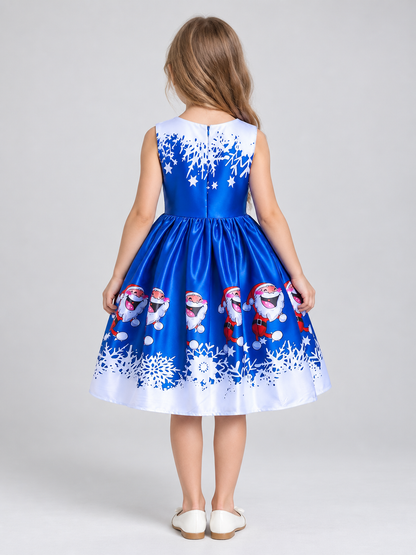 Blue Girls' Holiday Dress with Christmas Print back view