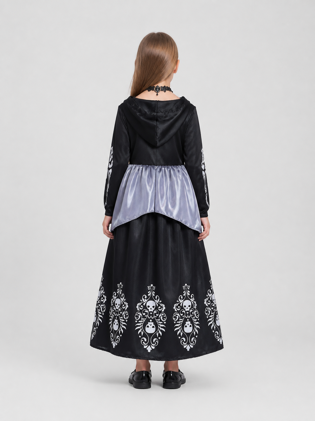 Black Halloween Dress with Hood and Skeleton Design