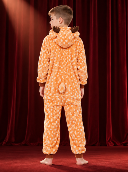 Orange Fleece Pajama Jumpsuit with Hood and Ears
