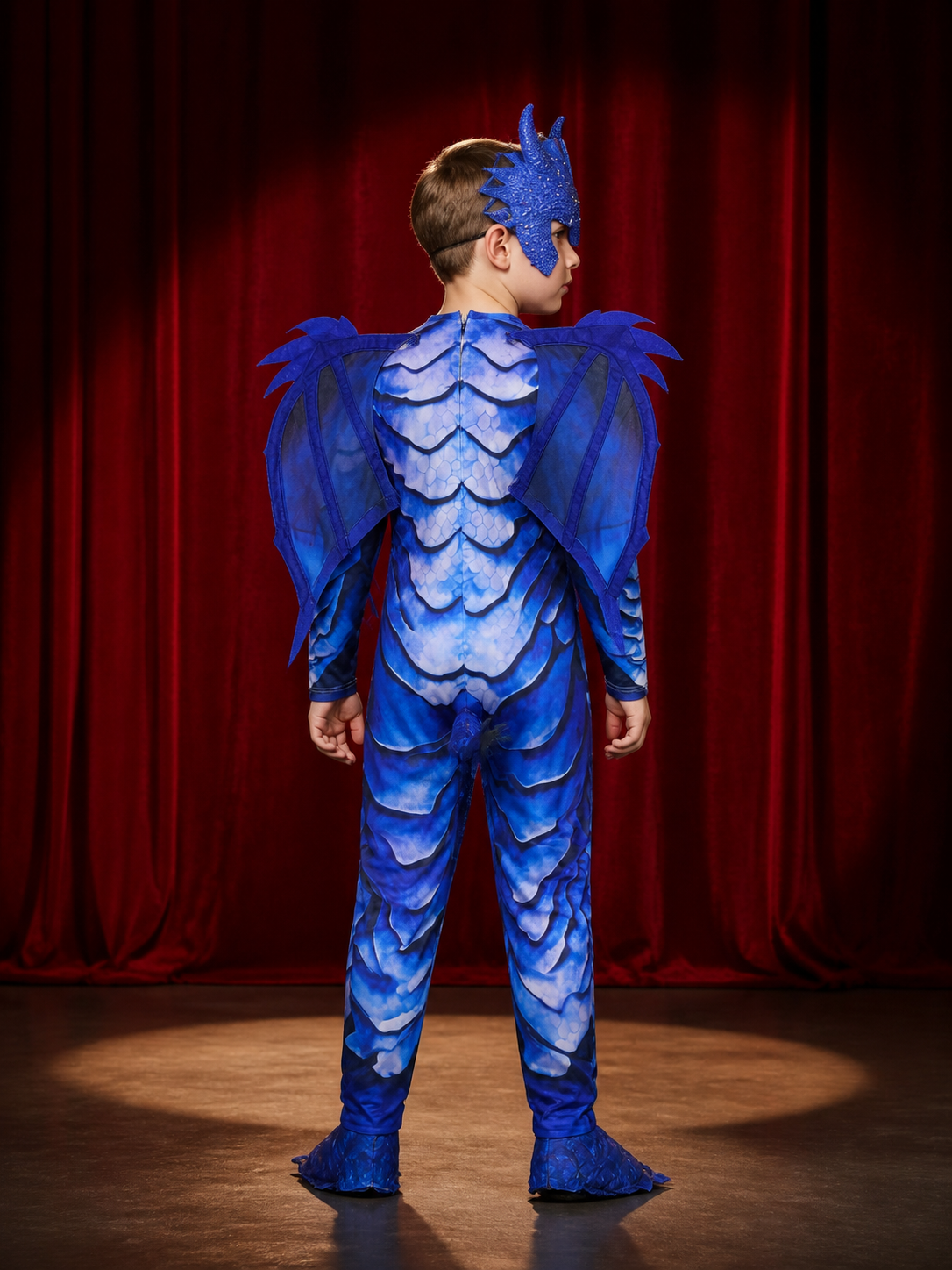 Kids' Ice Dragon Costume, Blue Dragon Bodysuit with Wings, Horns & Tail back view