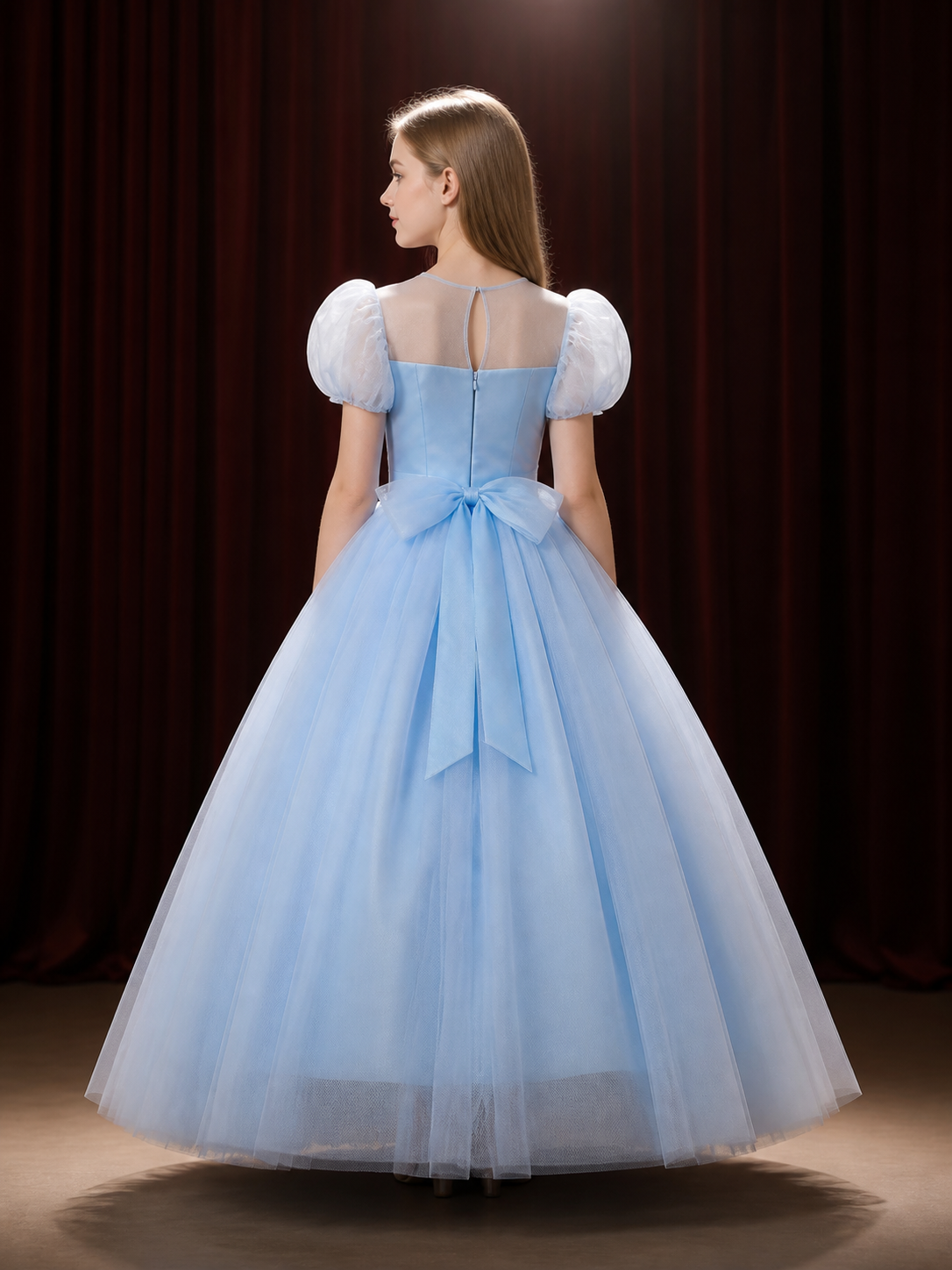 Girls' Light Blue Princess Dress with Puff Sleeves and Floral Embroidery back view