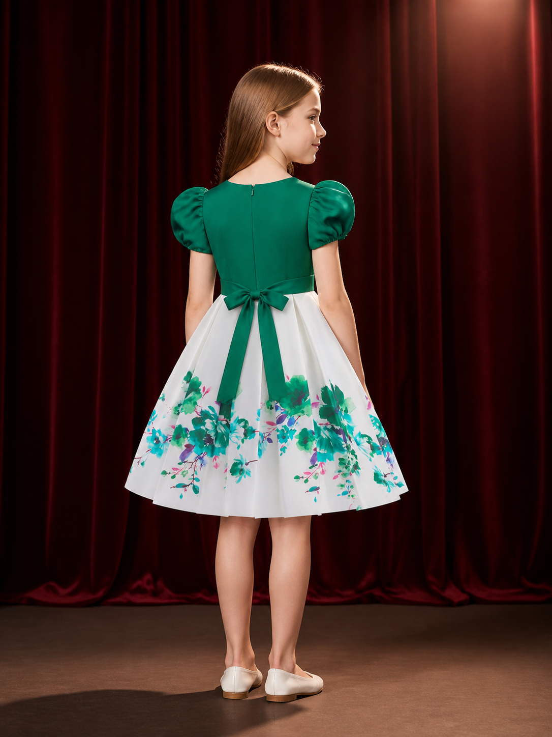 Girls' Green and White Floral Princess Dress with Puff Sleeves and Bow back view