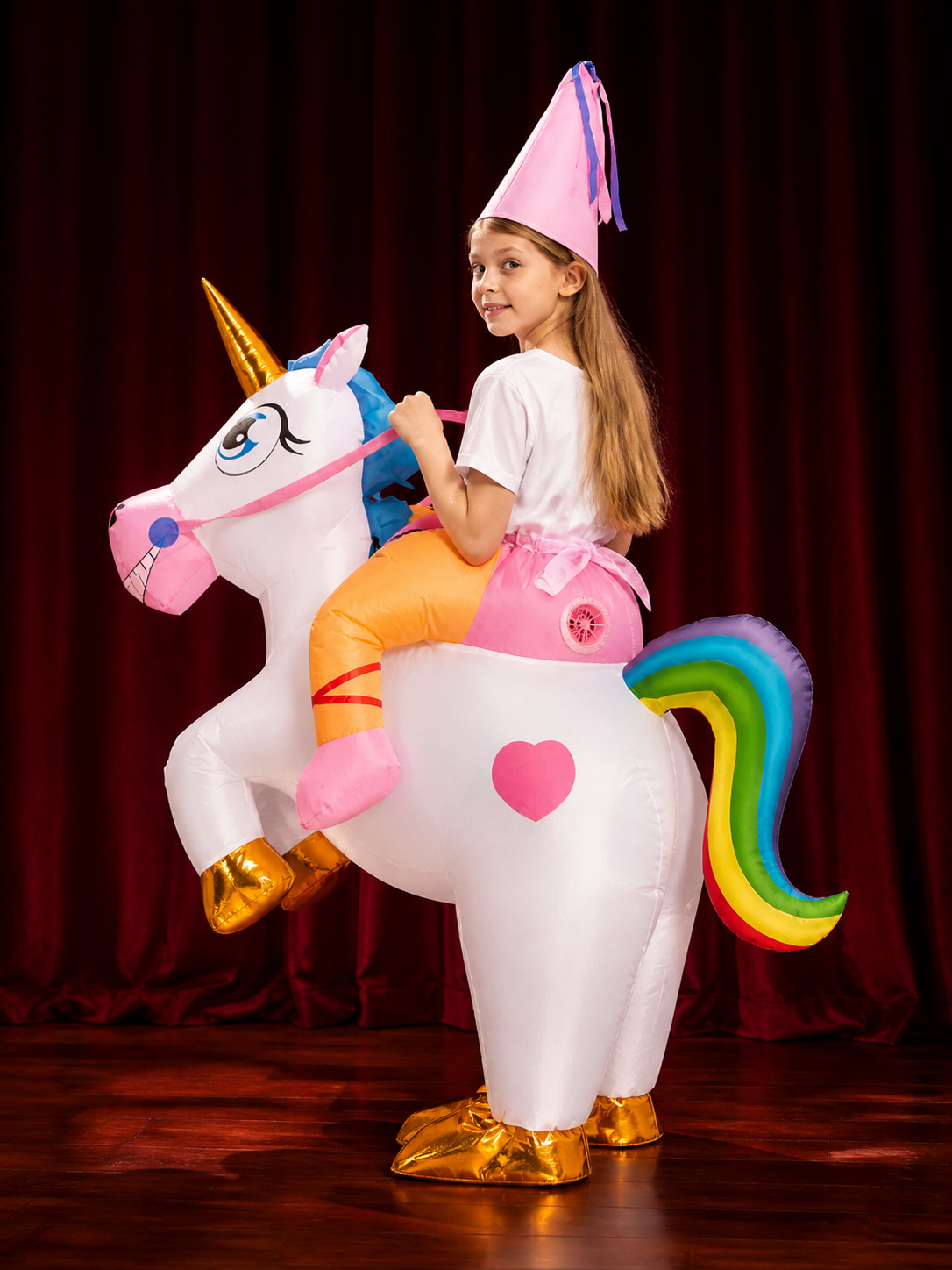 Unicorn Inflatable Costume With Rainbow Tail And Gold Horn back view