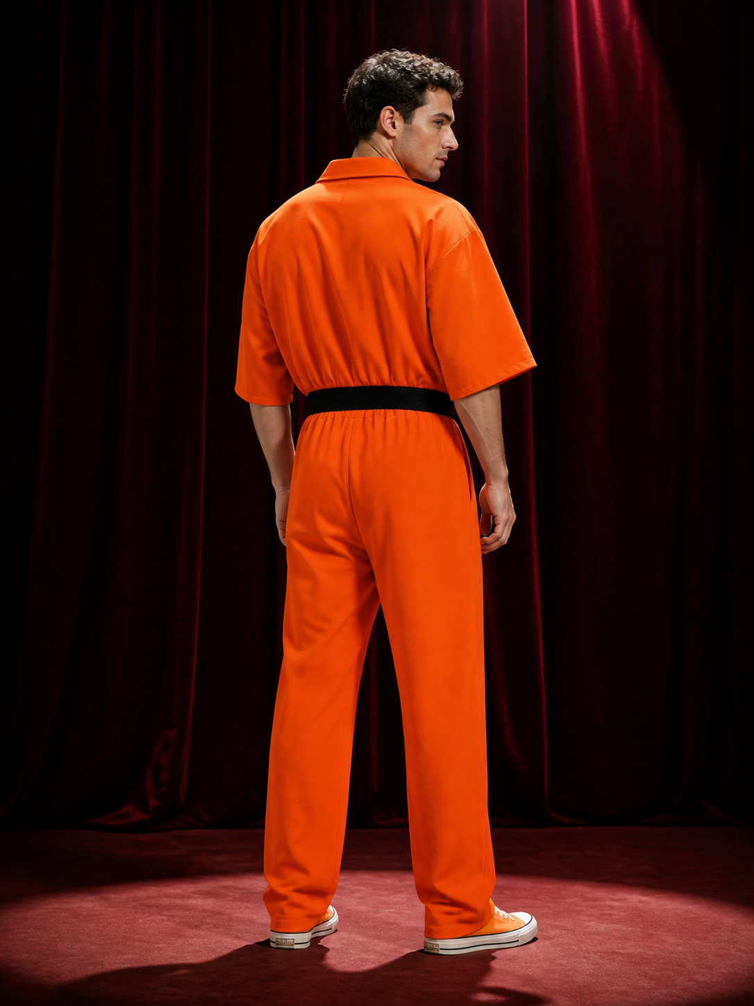 Adult Orange Prisoner Jumpsuit Costume with Detachable Belt for Halloween back view