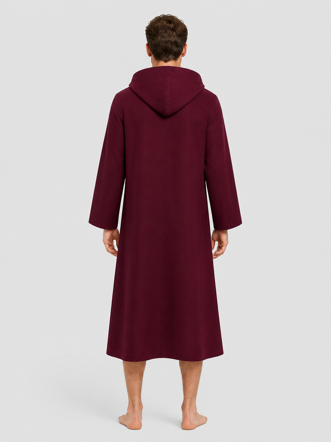 Burgundy Long Hooded Robe with a Relaxed Fit back view