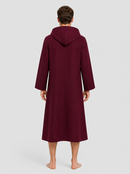 Burgundy Long Hooded Robe with a Relaxed Fit back view